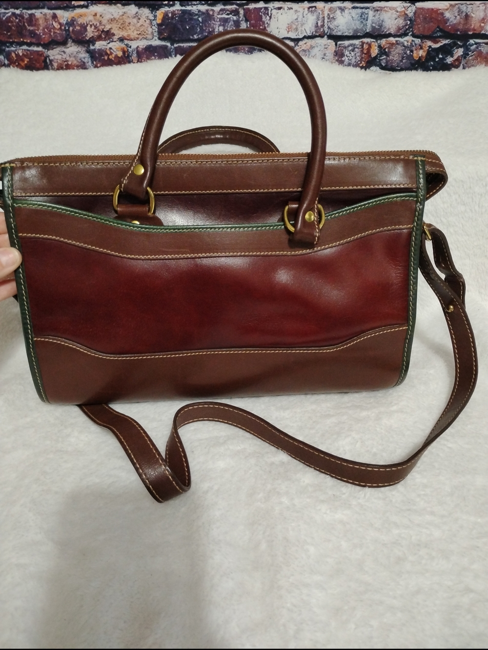 Brahmin Brown and Wine Leather Satchel with Green Trim - Picture 4 of 15